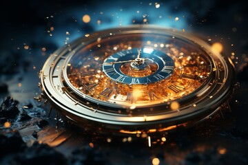 Futuristic clock with rotating fractal dial, digital nebula background, and luminous hedgehog