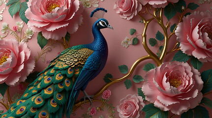 3d design with two peacocks and pink blossoms, ornate decorative wallpaper, generative.ai
