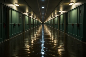 Endless corridor with closed doors leading to a bright open doorway emitting white light