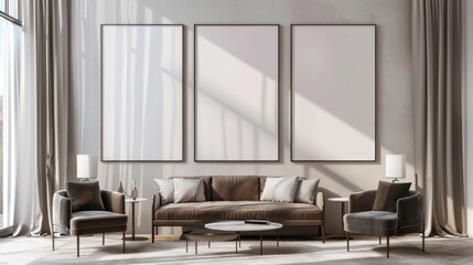 Fototapeta premium Modern Living Room Interior with Empty Frames