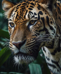 Obraz premium A close-up portrait of a leopard with a focus on its striking features and intense gaze