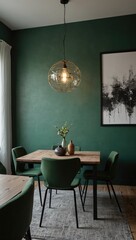 Dining Room with Green Walls and Velvet Chairs