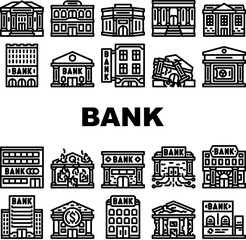 bank building business finance icons set vector. city office, government financial, money architecture, cityscape urban house bank building business finance black contour illustrations