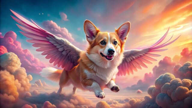 Whimsical canine creature with vibrant pink wings soars through serene pastel sky, fluffy tail wagging, surrounded by soft, dreamy cloudscape.