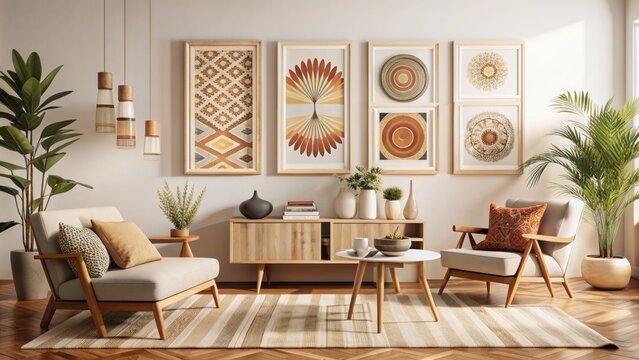 Vibrant abstract bohemian prints in neutral beige tones with mid-century modern flair adorn a minimalist white wall in stylish arrangement.