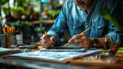 Obraz premium Creative designer man working on a tablet in his cozy studio surrounded by sketches and design tools to increase his creativity and work efficiency