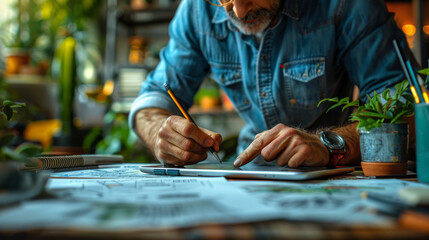 Fototapeta premium Creative designer man working on a tablet in his cozy studio surrounded by sketches and design tools to increase his creativity and work efficiency
