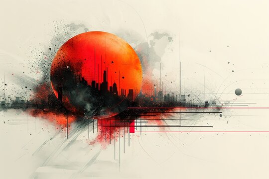 Fototapeta A red and black cityscape with a large red sun in the background