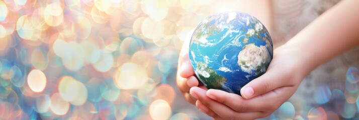 International day of charity. Horizontal banner. Hands holding globe on a red background. Bokeh effect. Free space for text. Charity, volunteering, help, care concept.