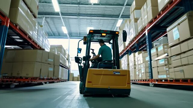 A forklift driver is navigating a warehouse full of boxes. The warehouse is very large and has many shelves. The driver is focused on his task and is driving the forklift carefully
