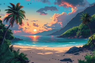 A beautiful beach scene with a sunset in the background