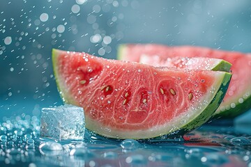 A slice of watermelon is on a blue surface with ice cubes in the background