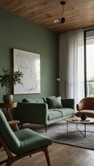 Fototapeta premium Living Room with Green Walls and Wooden Furniture