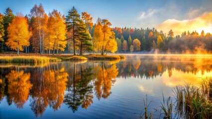 Fototapeta premium Vibrant autumn foliage surrounds serene misty lake at dawn, warm sunrise casting golden light on Finnish landscape.