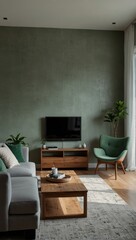 Green Living Room with Grey Couch and Wooden Coffee Table