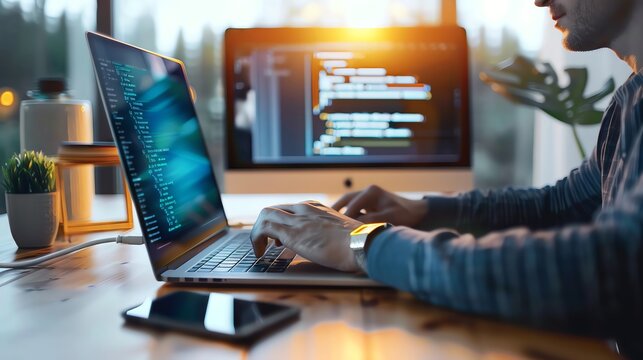 A software developer coding on a laptop with code on the screen, working remotely in a sunlit home office setting with a second monitor.