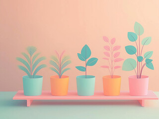 たくさんの植木鉢に植えられた観葉植物が、台の上に乗っているイラスト。