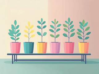 たくさんの植木鉢に植えられた観葉植物が、台の上に乗っているイラスト。