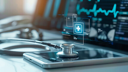 Modern healthcare technology concept with stethoscope and digital healthcare data on tablet and laptop screens, highlighting telemedicine advances.