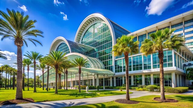 Sunlit modern glass and steel curved architecture of prominent Orlando convention center against clear blue Florida summer morning sky.
