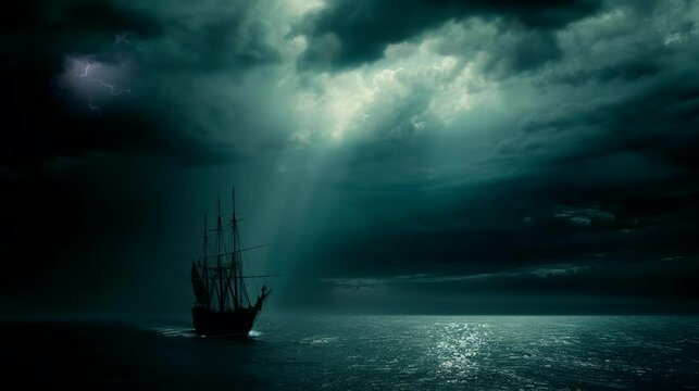 A sailboat navigating through a dark rainstorm on the open sea under dark clouds. Seamless looping time-lapse 4k video animation background