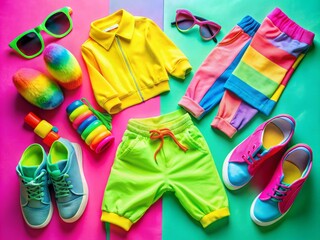 Vibrant neon clothing scattered on a colorful background, flashy sneakers and trendy accessories, capturing the essence of a happy child's playful and extravagant style.