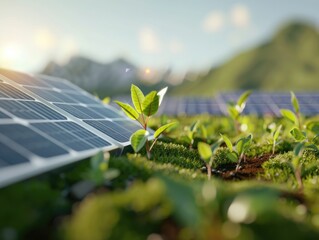 Green offset strategies, focus on renewable energy solutions, sustainable environmental practices, focus on, vibrant, composite, solar farm backdrop