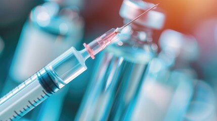 Immunization through vaccines, focus on the injection process, protection from diseases, selective focus, vibrant, blend mode, medical clinic backdrop