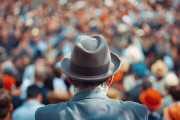 Open-air oration, focus on captivating an audience, effective public speaking, selective focus, dynamic, composite, street backdrop