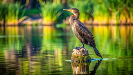 Fototapeta premium Solitary juvenile double-crested cormorant perches majestically on weathered tree stump surrounded by serene rippling water and lush green foliage.