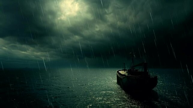 Large ship navigating through a dark rainstorm on the open sea under ominous clouds. Seamless looping time-lapse 4k video animation background