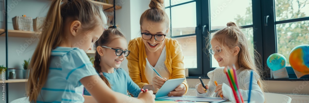 Poster inside a classroom, a dynamic teacher is encouraging three cheerful students to participate in engag