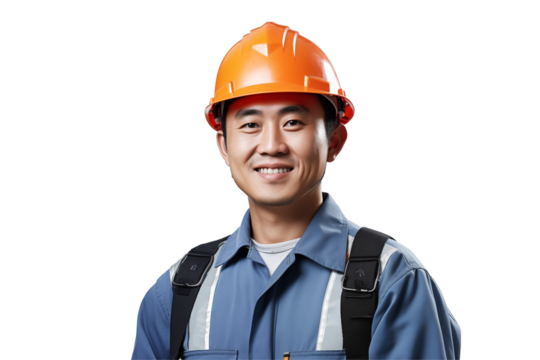 Asian public works worker smiling on transparent background. Subjects related to public works. Construction profession. Transparent background png cutouts. Job offer. Asian country.