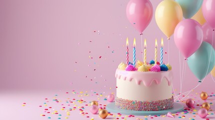 A beautiful birthday cake on a pink background. Decoration of a holiday, birthday. Sweet and delicious treats for the guests, candles and balloons.