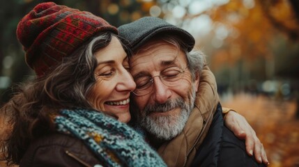 Fototapeta premium Imagine a warm, happy scene of a smiling couple enjoying the outdoors in autumn, surrounded by family and nature