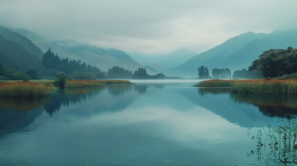 Obraz premium mist over lake landscape in the morning