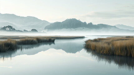 mist over lagoon landscape in the morning