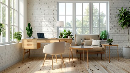 Bright home office with wooden desk, indoor plants, and large windows. Minimalist design featuring white brick walls, natural light, and cozy seating area. Modern workspace for productivity.