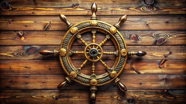 Vibrant swashbuckling-themed illustration features intricately designed pirate ship steering wheel adorned with anchors, ropes, and golden accents on worn wood.