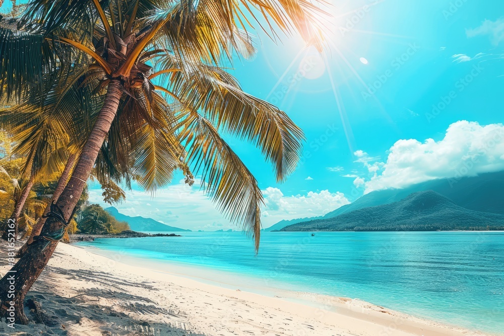 Wall mural tropical beach with palm trees and azure water in ocean. paradise island on a sunny day. trip, trave