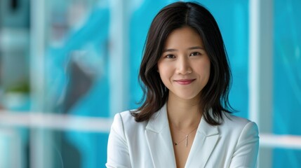 Professional Portrait, Smiling woman in white suit with blue blurred background, Confident Businesswoman