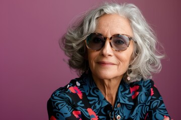 Stylish Senior Woman, Elderly woman with sunglasses against pink background, Graceful Confidence