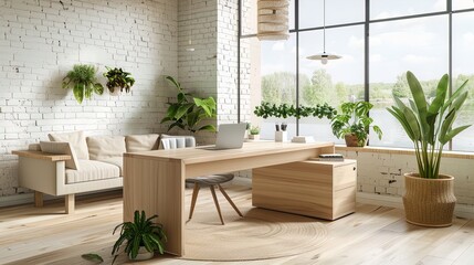 Fototapeta premium Bright home office with wooden desk, indoor plants, and large windows. Minimalist design featuring white brick walls, natural light, and cozy seating area. Modern workspace for productivity.