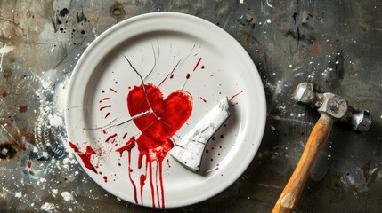 Shattered ceramic plate with heart painting and kitchen hammer on concrete surface Heartbreak Unrequited love Bird s eye view with space for text