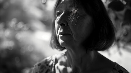 Black and white close-up portrait of an senior woman.