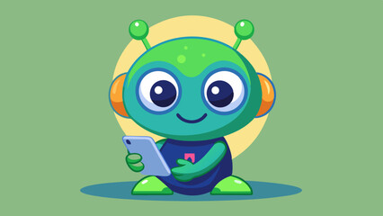  Cute Alien Playing Smart Phone Cartoon Vector Icons Illustration