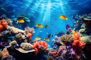 Naklejka premium Vibrant Underwater World: A Mesmerizing Spectacle of the Marine Biodiversity