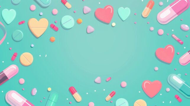 World Contraception Day. Horizontal banner. Female tablets of different shapes and colors on a blue background. Protection from unwanted pregnancy and disease. World Sexual Health Day. Copy space