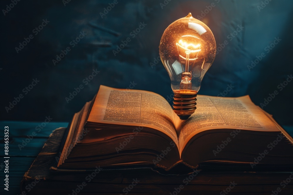 Poster a lightbulb on an open book symbolizes the creative concept of knowledge and innovation. it represen
