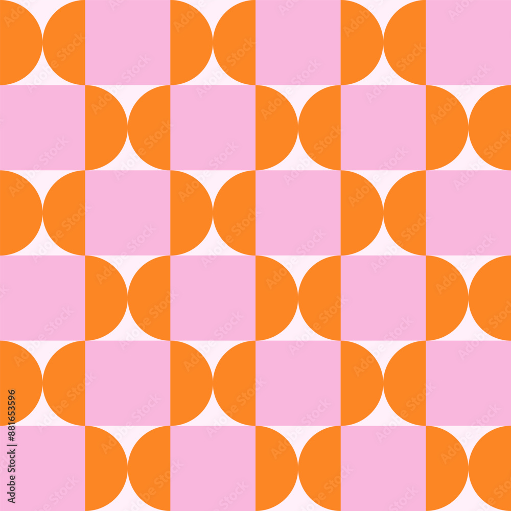 Poster Trendy retro geometric seamless pattern with colorful semicircles and squares. Modern abstract background. Pink, beige and orange colors. Vector illustration